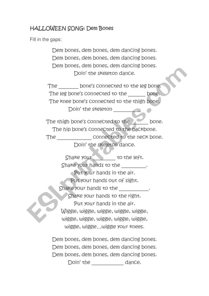 Song Dem Bones worksheet