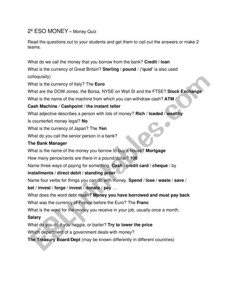 Money Quiz worksheet