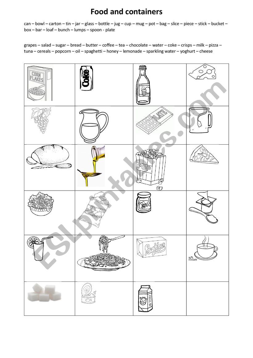 food and containers worksheet