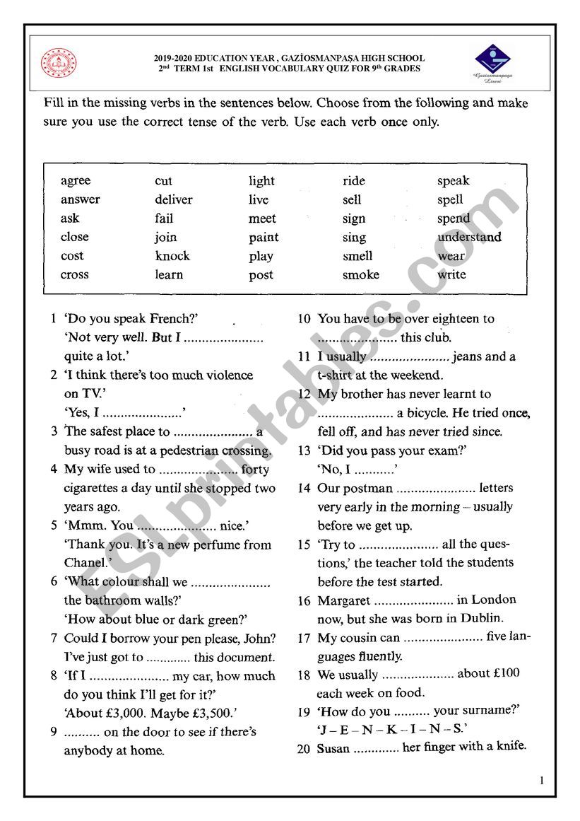 VOCABULARY QUIZ-VERBS worksheet