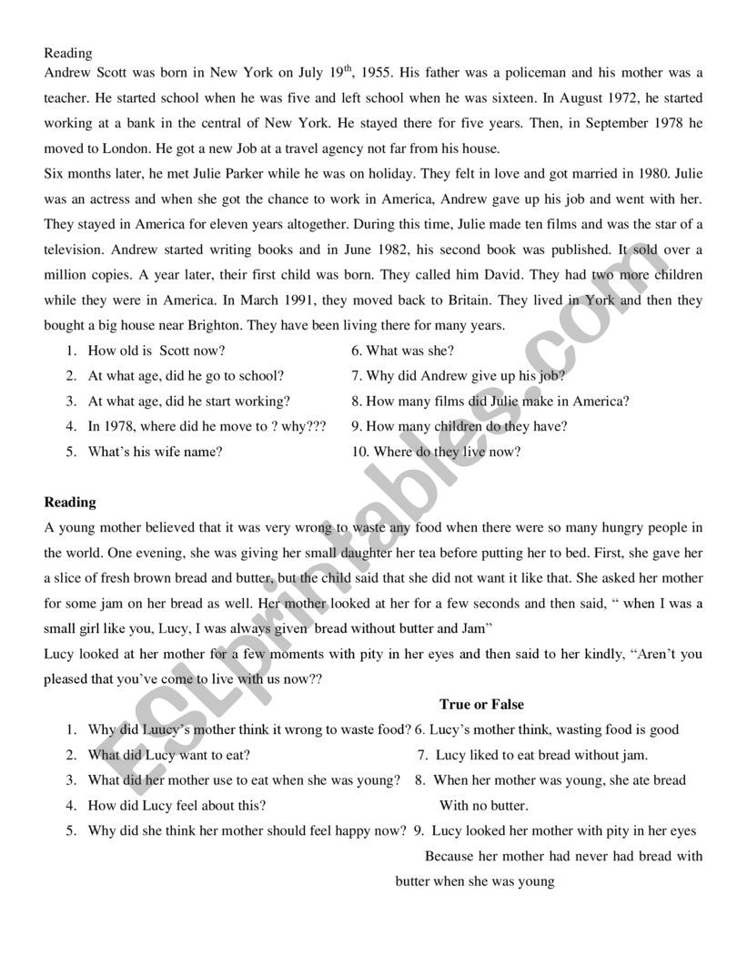 Reading comprehesion Test worksheet