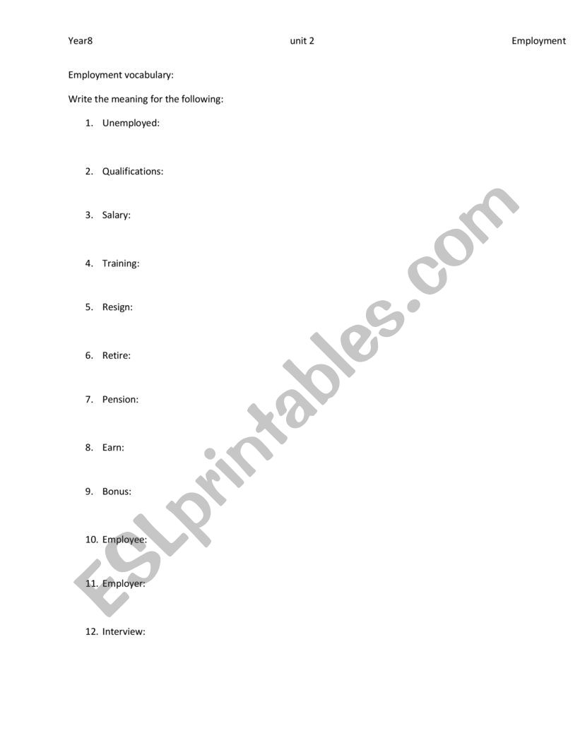 employment vocabulaary worksheet