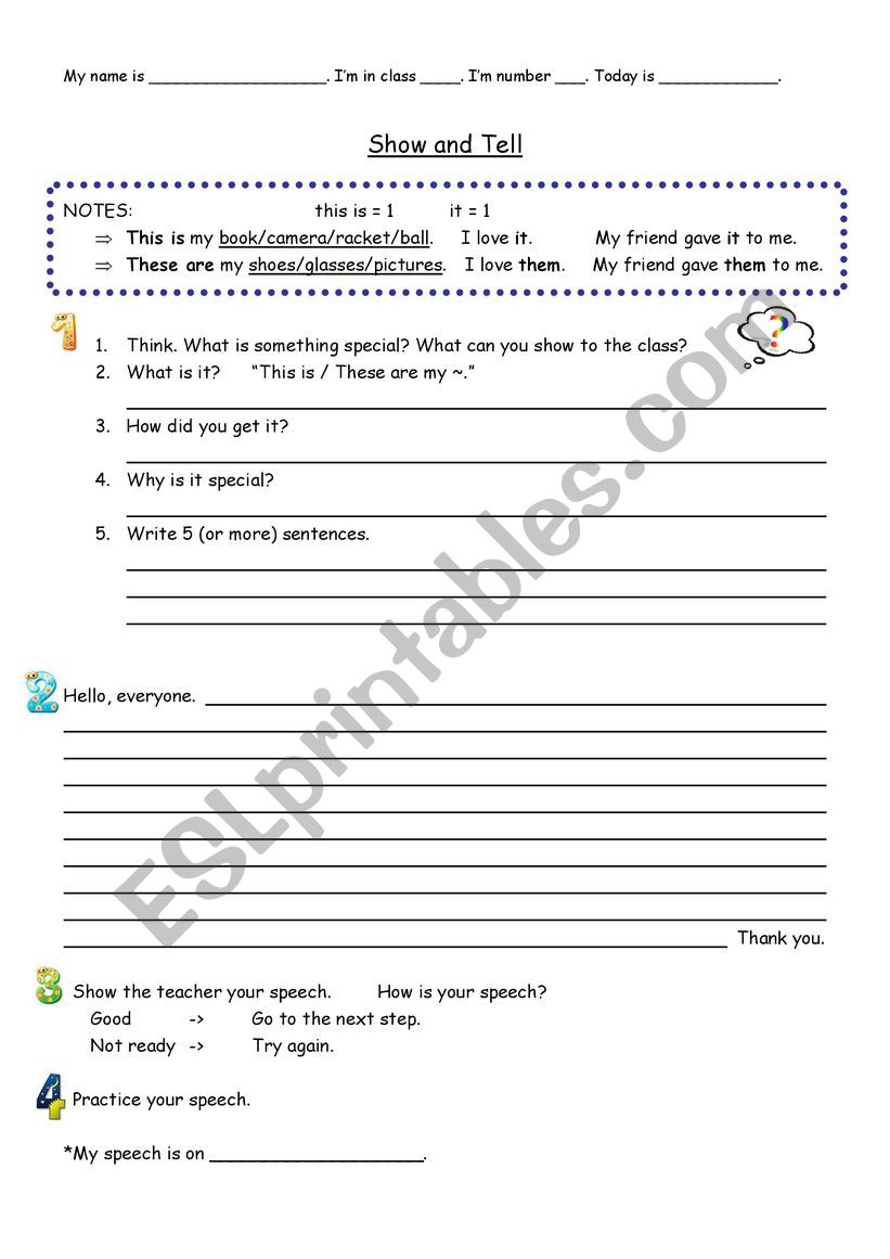 Show and Tell Speech worksheet