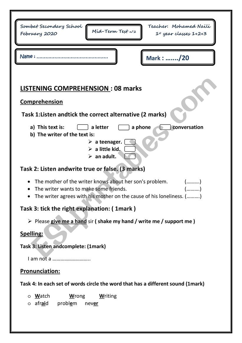 Mid-term 2 Test worksheet