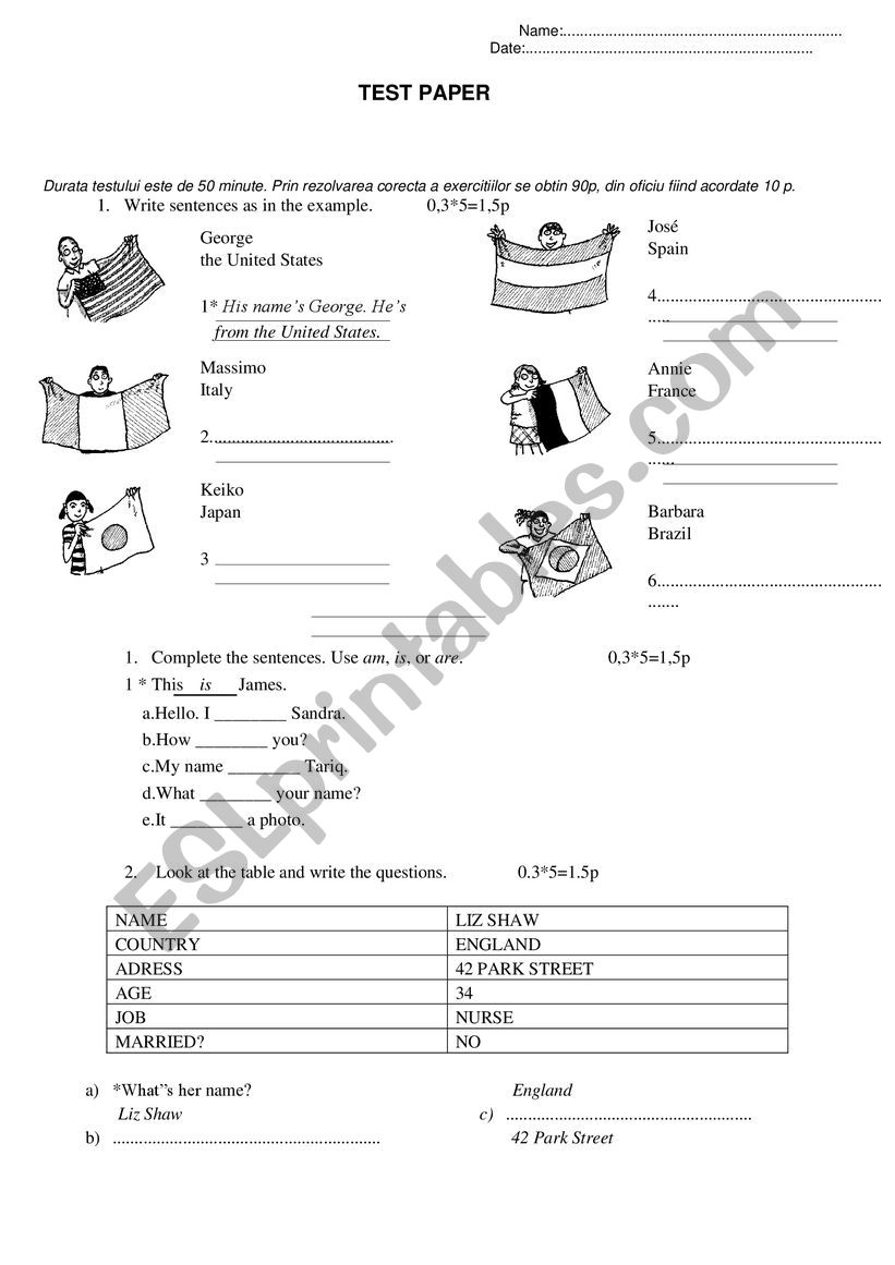 test paper- 5th grade worksheet
