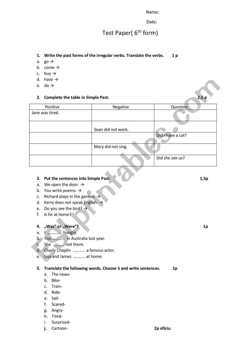 past tense-test worksheet