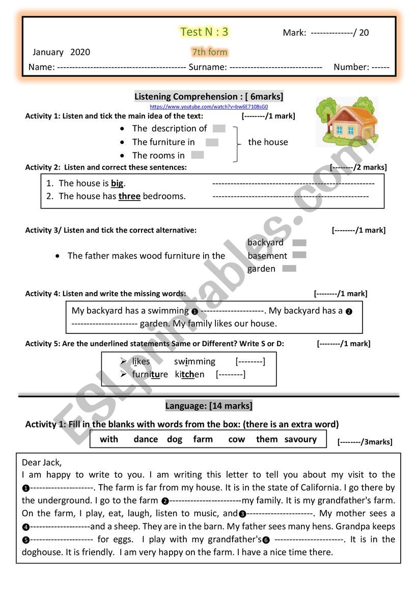 7th test 3  worksheet