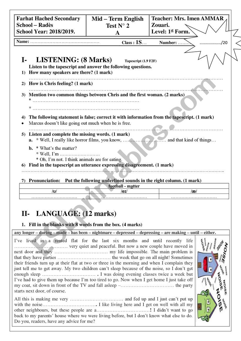 mid term test 2 first year worksheet