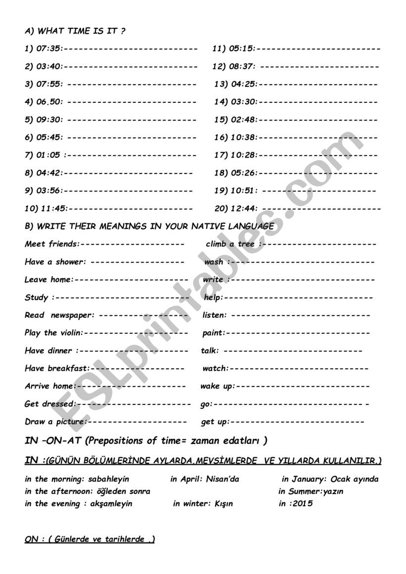 Time & Prepositions worksheet