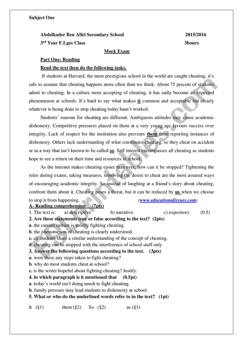 Cheating worksheet