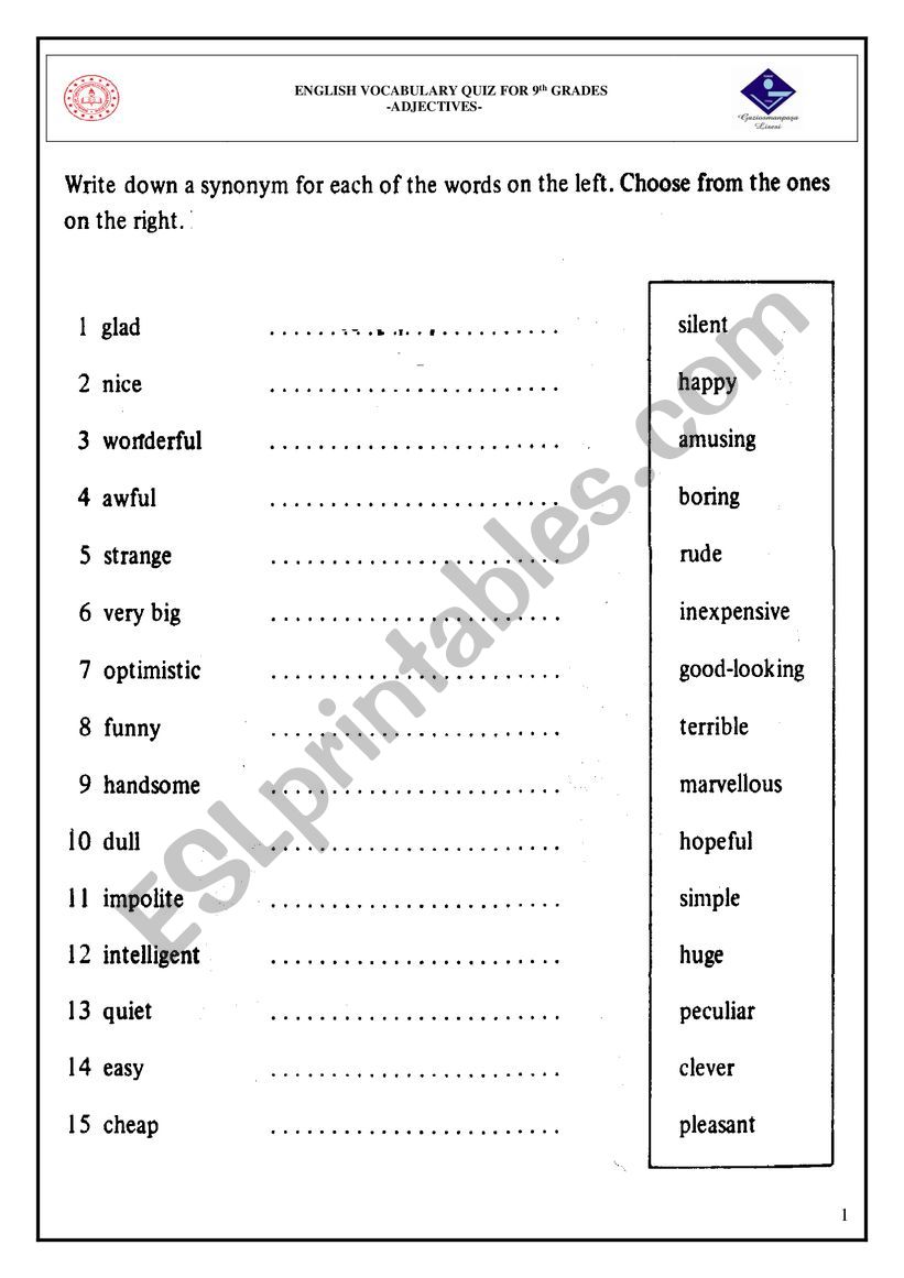 VOCABULARY QUIZ-ADJECTIVES worksheet