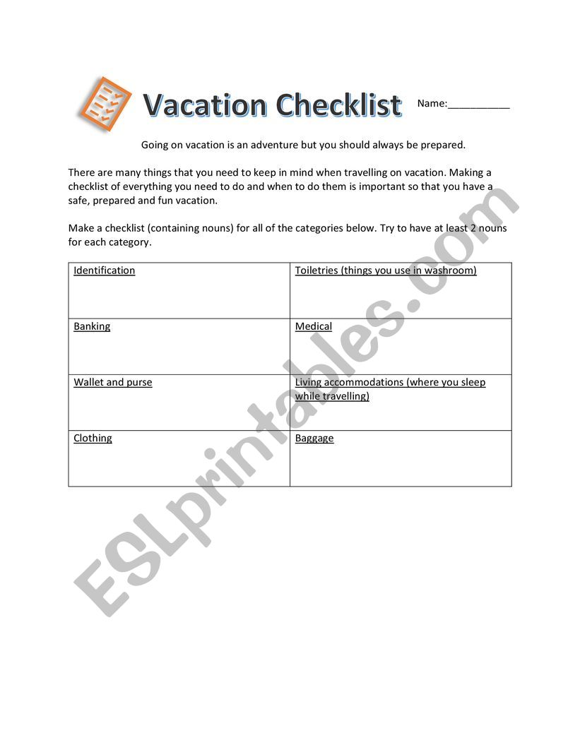 Travel Checklist worksheet