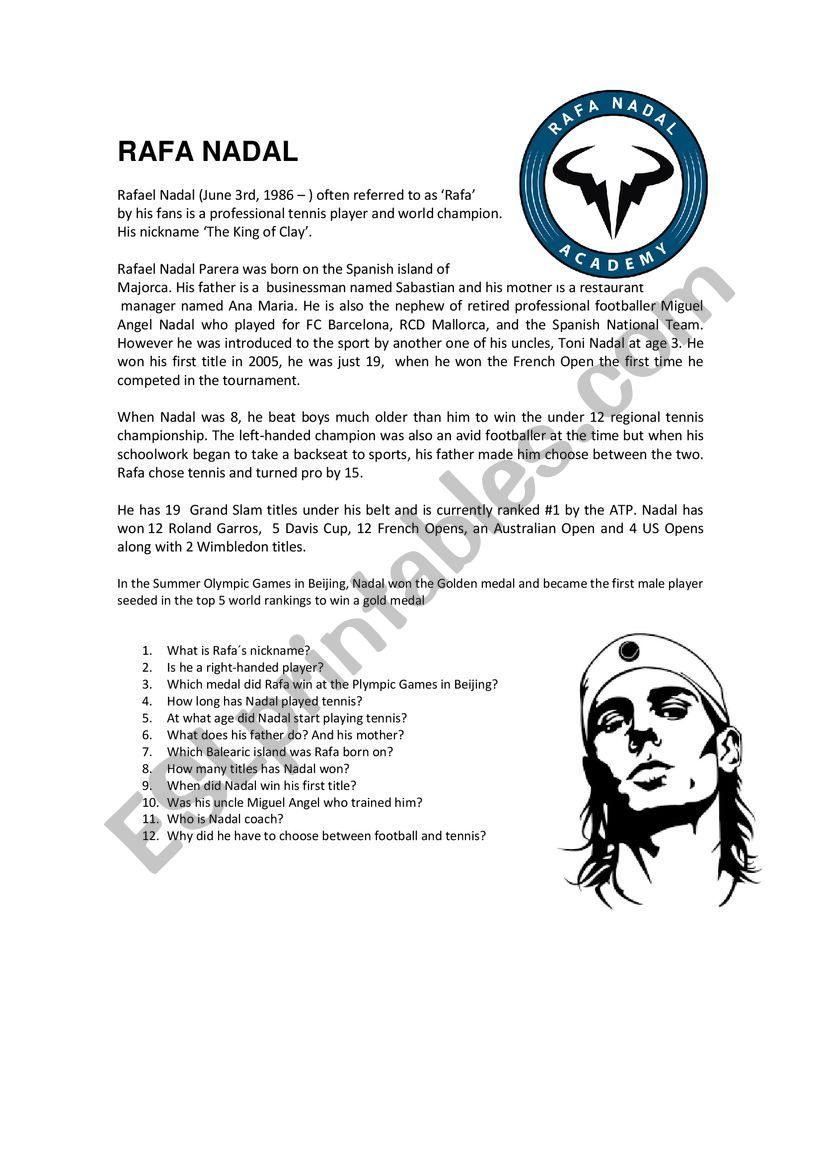 Rafa Nadal biography worksheet