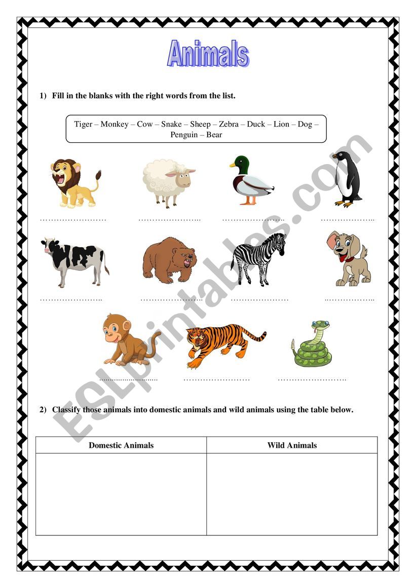 Animals worksheet