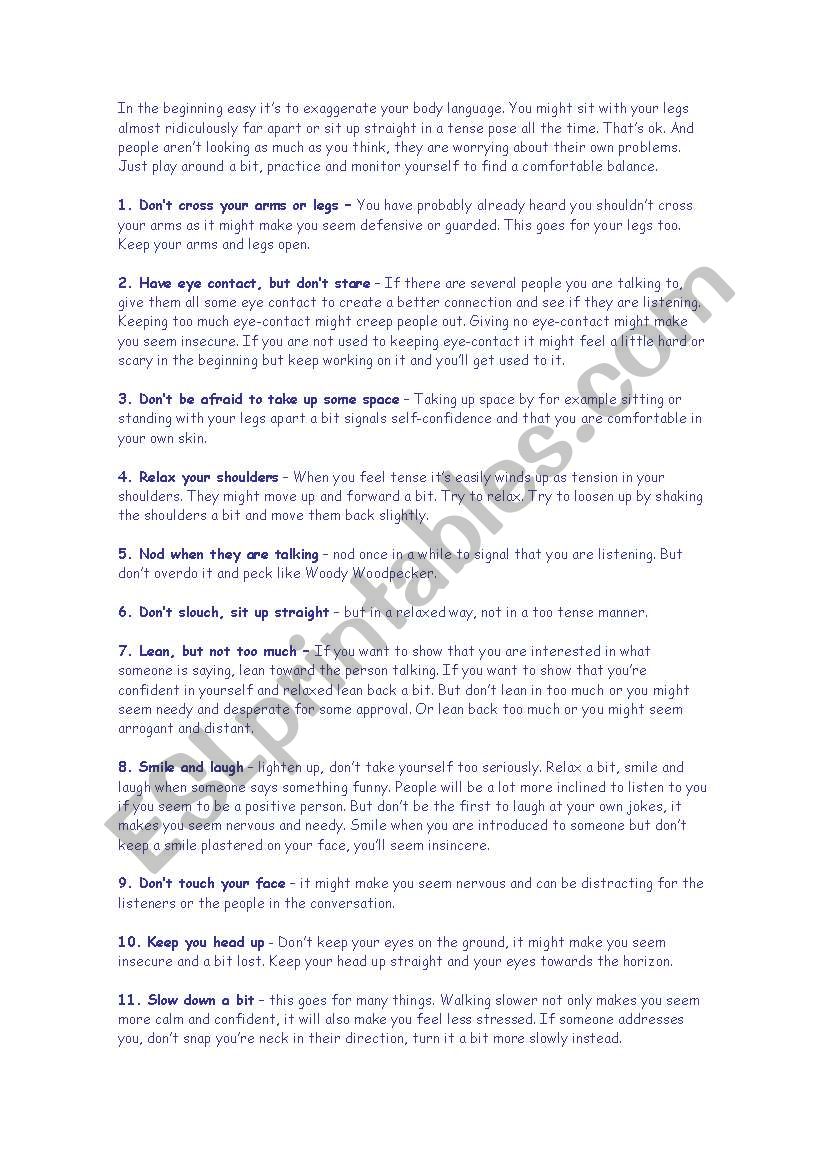 Body language worksheet