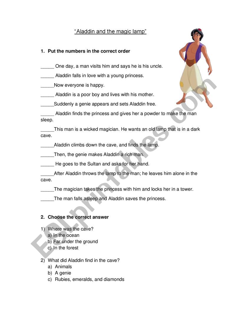 Aladdin and the magic lamp worksheet