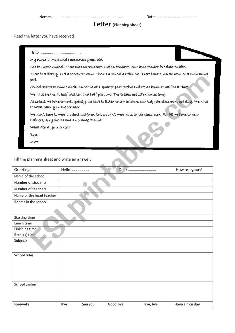 Writing School letter Planning sheet