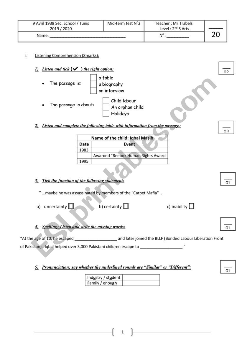 mid-term test 2 for 2nd formers secondary education (Tunisian learners)