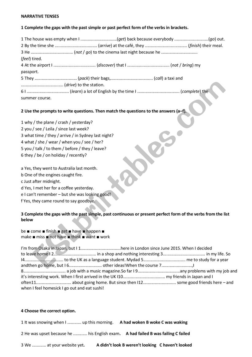 test on narrative tenses worksheet