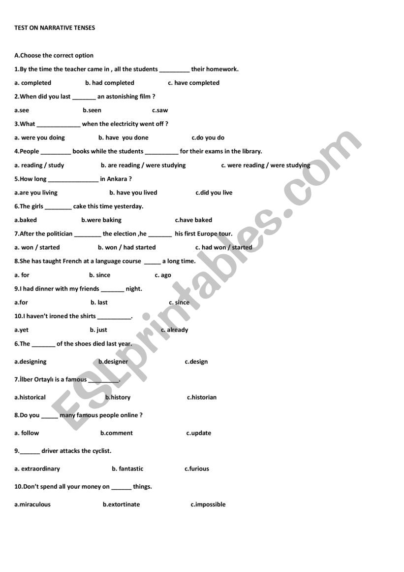 Narrative Tense test worksheet