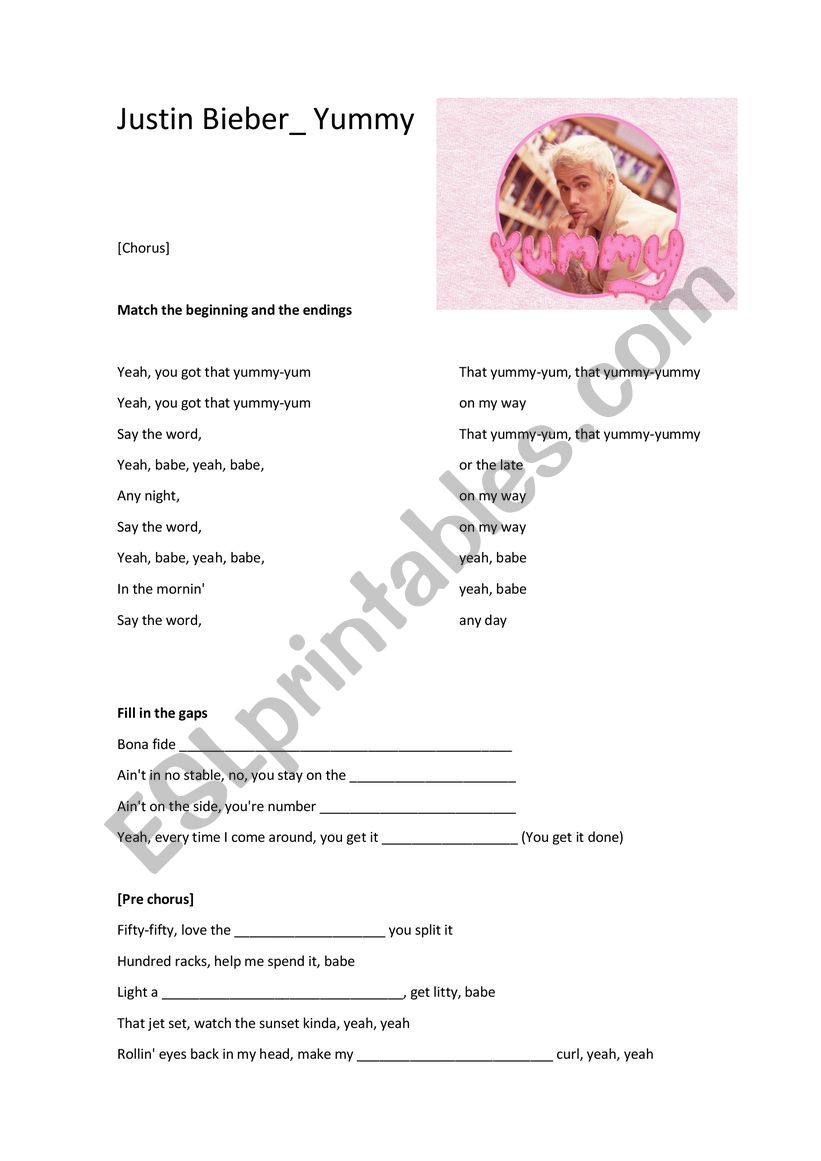 Yummy_Justin Bieber worksheet