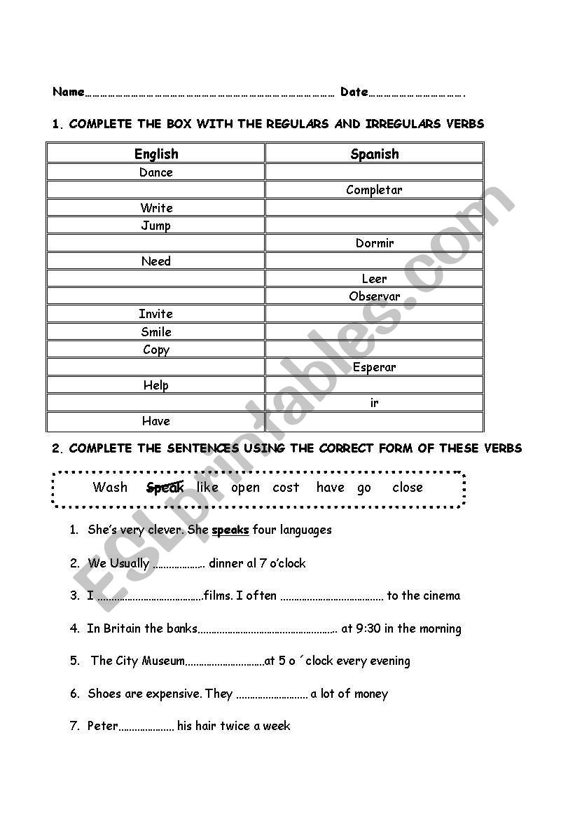 Worksheet simple present - past simple