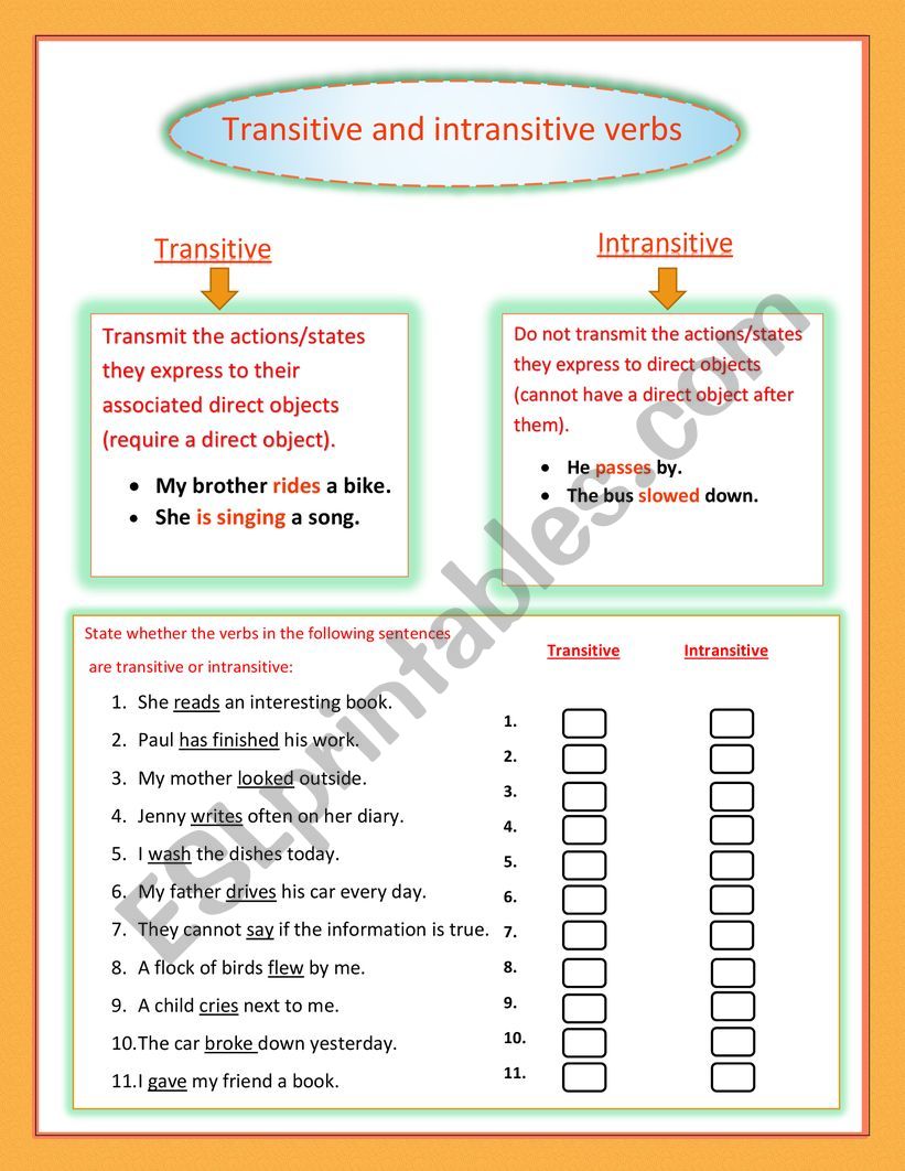 Transitive and intransitive verbs - ESL worksheet by marymars With Regard To Transitive And Intransitive Verbs Worksheet