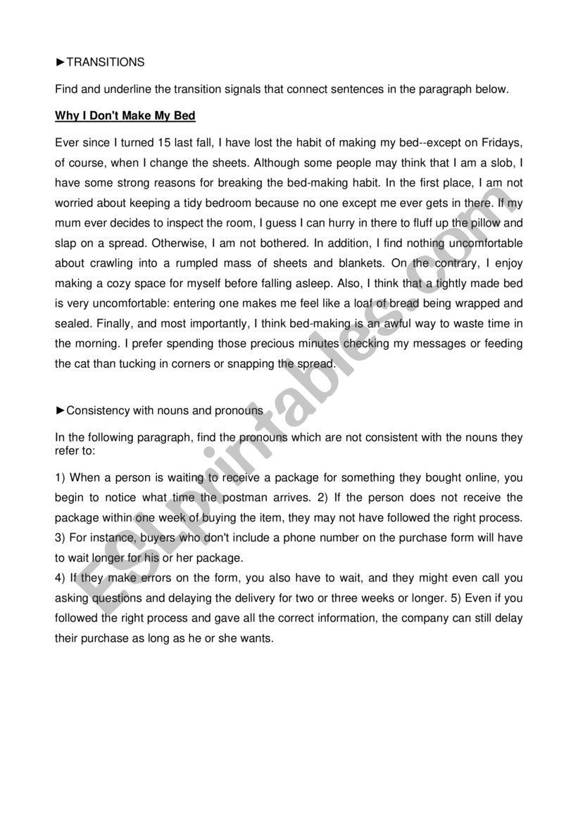 Transitions and Consistency worksheet