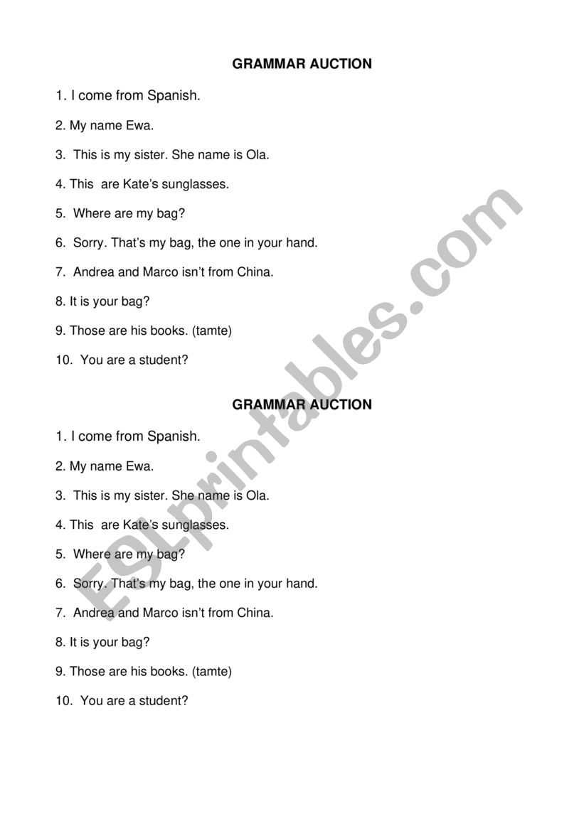 Grammar Auction for elementary level A1