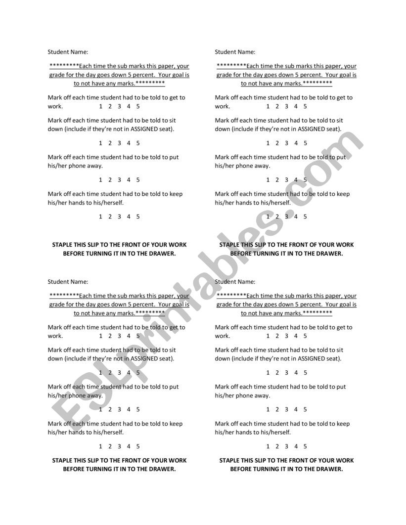 Substitute Behavior Rubric worksheet