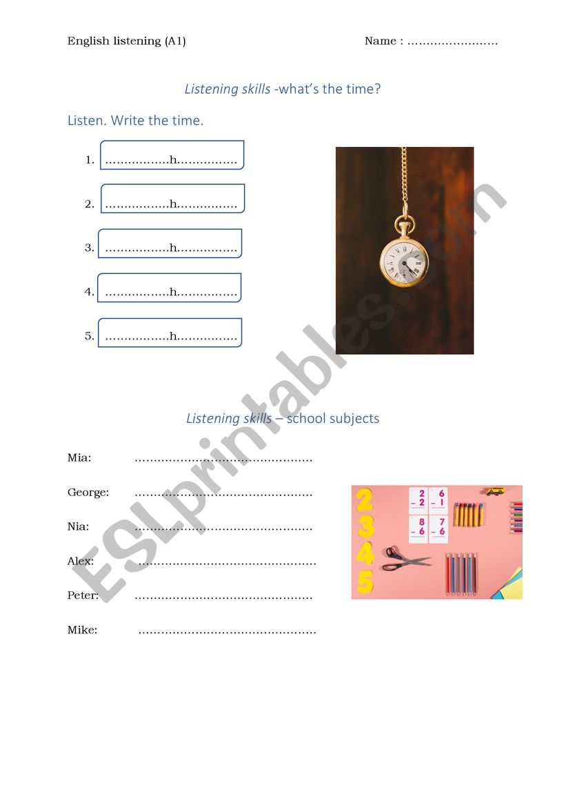 Easy listening - what�s the time + school subject