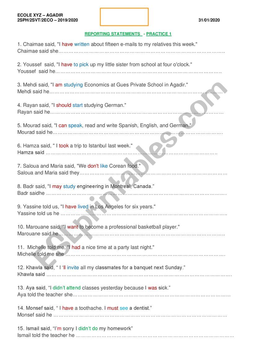 Reported Speech-Statements-Practice 1