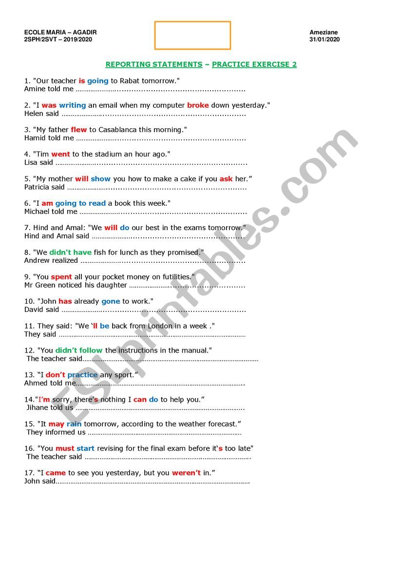 Reported Speech-Statements-Practice 2