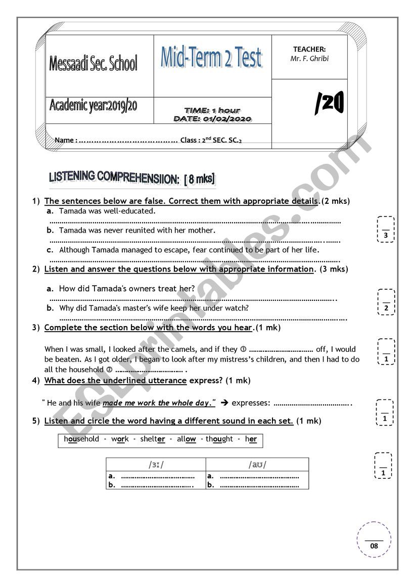 Mid-term test 2   2nd SEC. SC worksheet