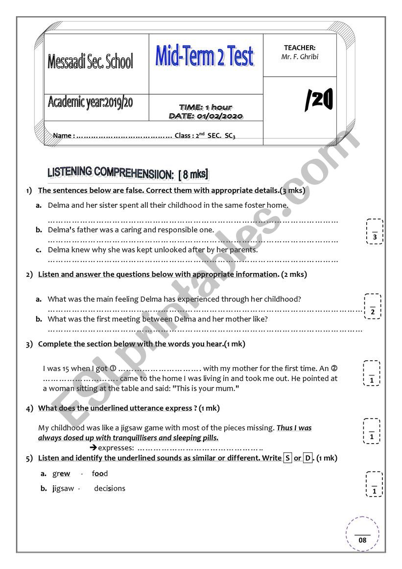 Mid-term test 2   2nd SEC. SC worksheet