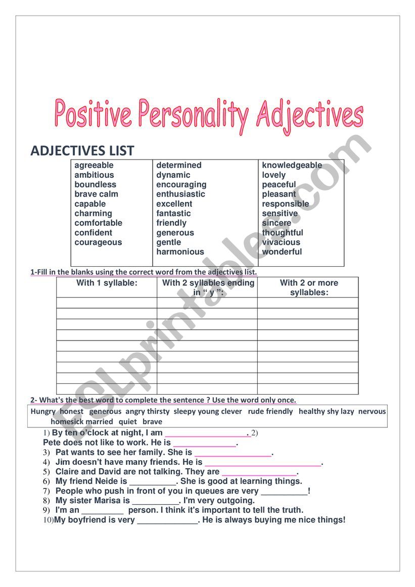 Adjectives worksheet