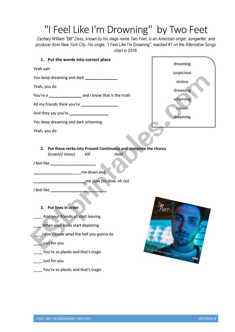 I feel like I�m Drowning by Two Feet (song worksheet)