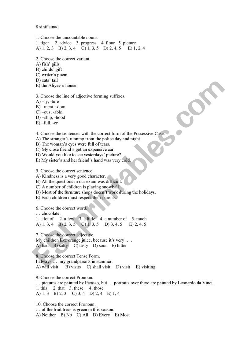 8th grade worksheet