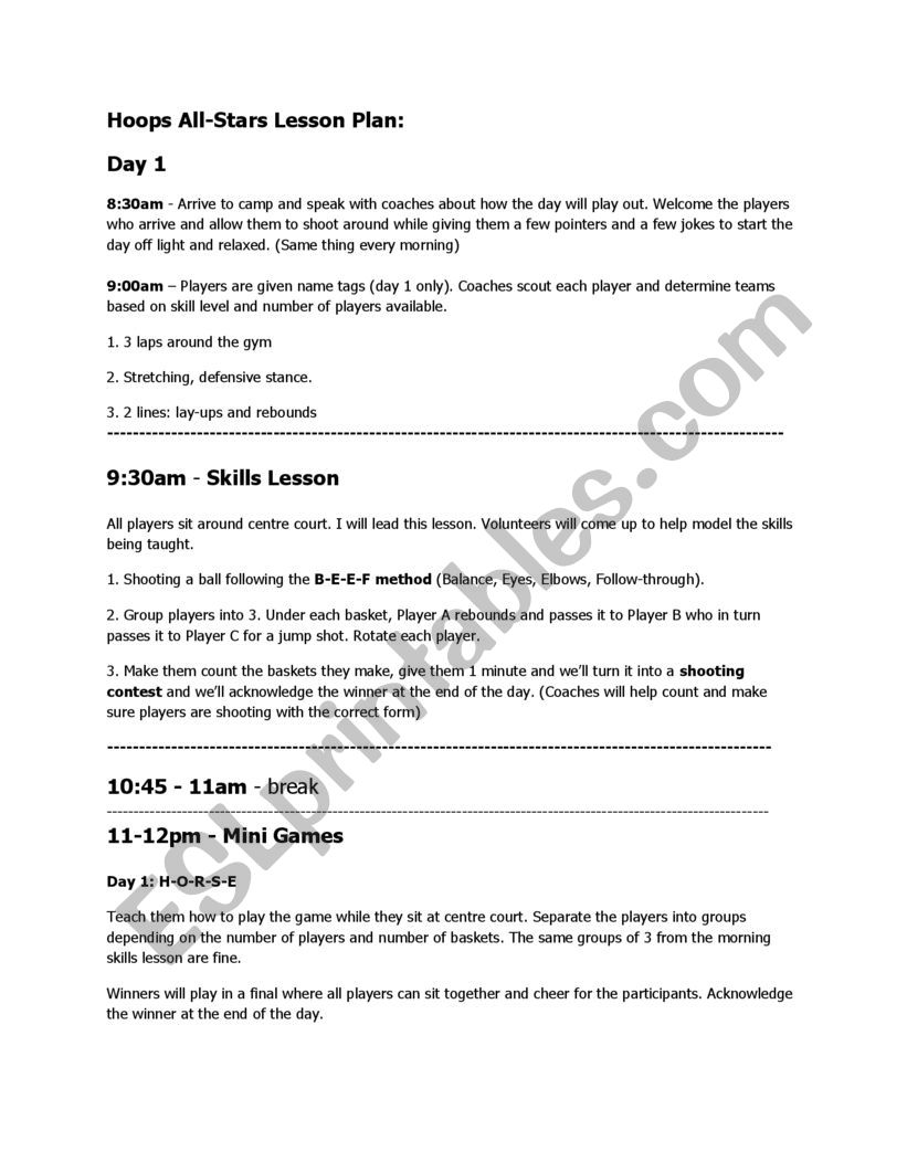 Basketball lesson plan worksheet