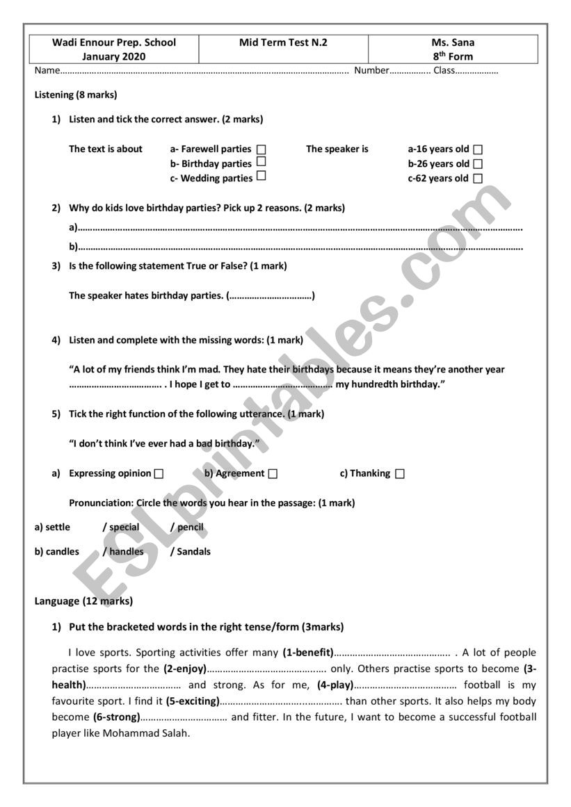 8th form Mid term Test n2  worksheet