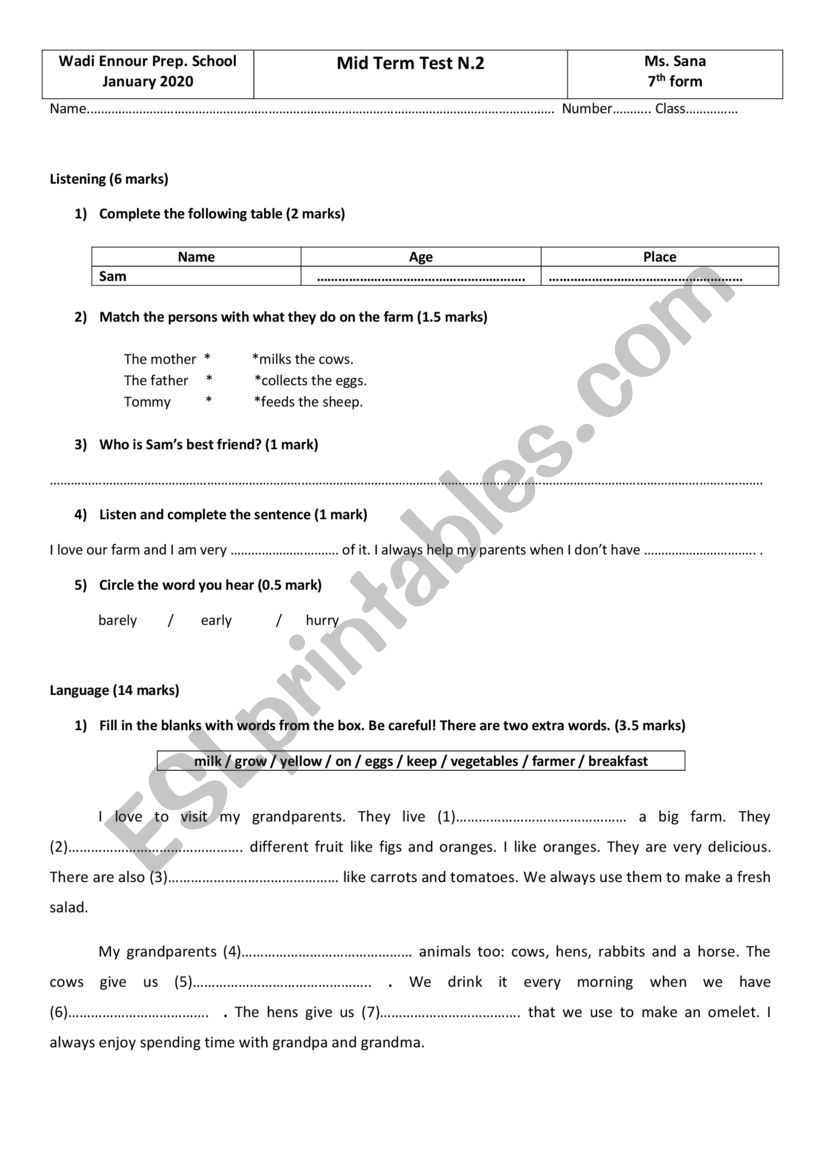 7th form Mid term Test 2 worksheet