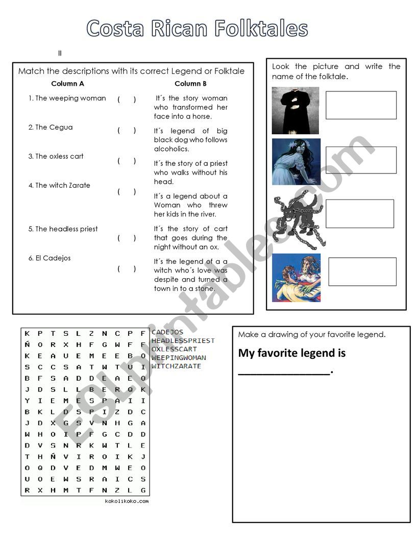 costa rican folktales worksheet