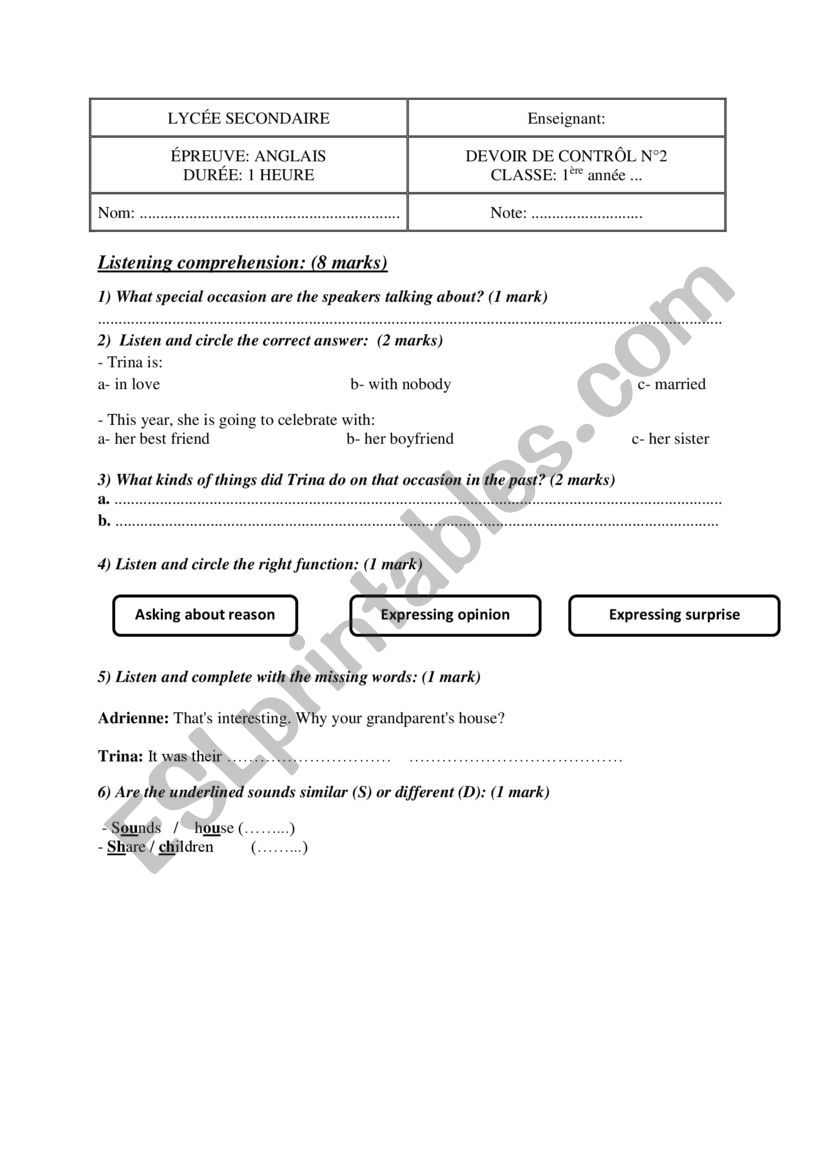 1st form Mid-Term Test 2 worksheet