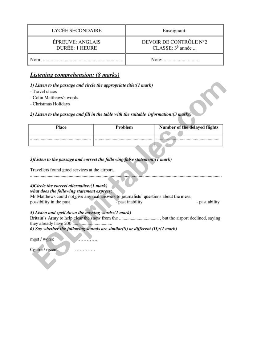 3rd form mid-term-test 2 worksheet