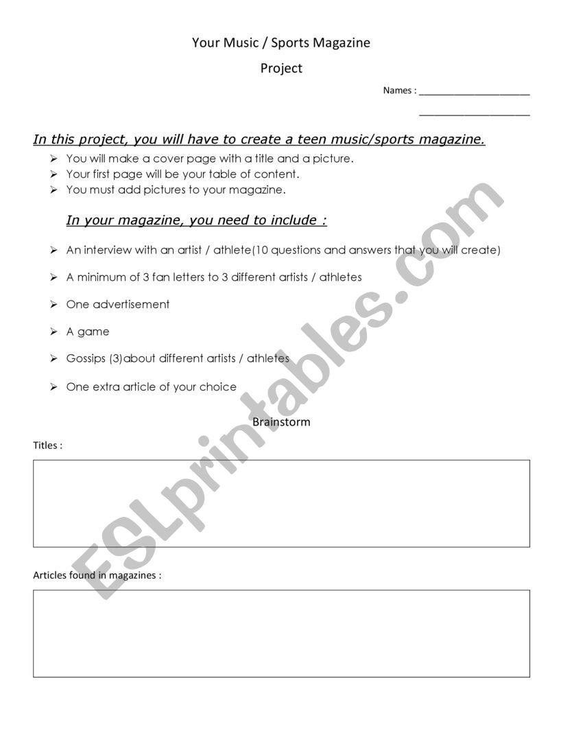 Music / Sport Teen Magazine worksheet