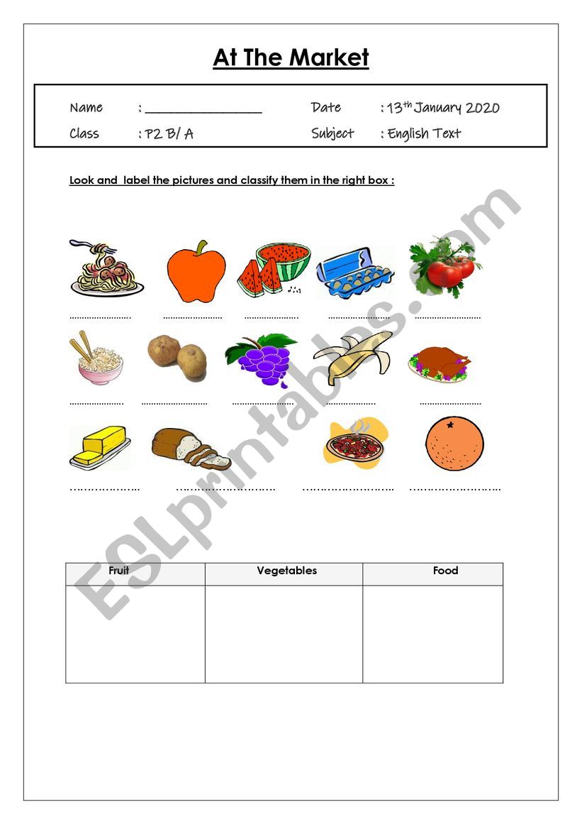 At the market worksheet