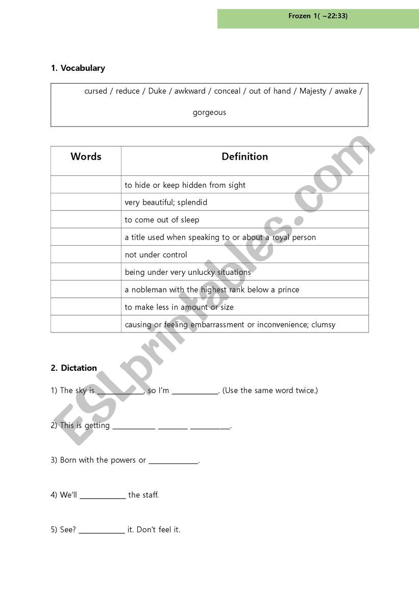 Frozen 1 Worksheet 1 worksheet
