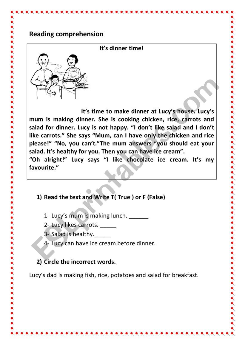 esl-reading comprehension activity / topic: family meal 