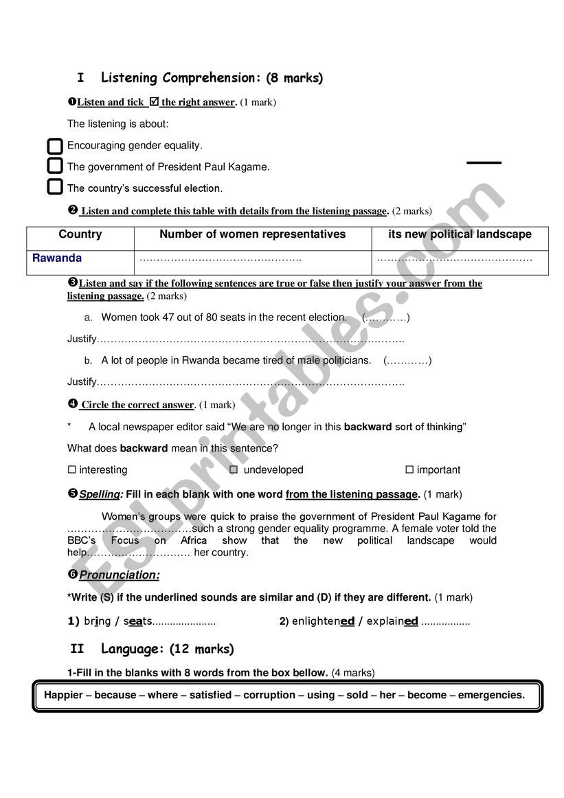 Mid term English Test N°2 for 2nd form - ESL worksheet by Mannoula