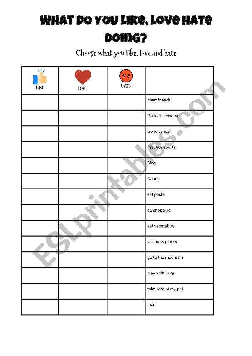 Love, like, hate + ING worksheet